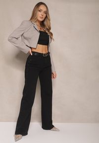 Renee - Czarne Szerokie Jeansy High Waist z Cyrkoniowym Zdobieniem Nusamira. Okazja: na co dzień. Stan: podwyższony. Kolor: czarny. Wzór: aplikacja. Styl: casual, elegancki