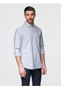 Ombre Clothing - Elegancka męska koszula oxford z haftem i kieszonką – błękitna V1 - Rozmiar: M. Okazja: do pracy. Kolor: niebieski. Materiał: tkanina, bawełna. Wzór: haft. Styl: elegancki #1