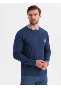 Ombre Clothing - Męski bawełniany longsleeve z dekoltem U w paski i haftem – ciemnoniebieski V3 - Rozmiar: M. Kolor: niebieski. Materiał: bawełna. Długość rękawa: długi rękaw. Wzór: haft, paski. Styl: sportowy #2