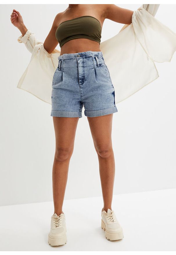 bonprix - Szorty dżinsowe paperbag. Kolor: niebieski