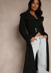 Renee - Czarny Płaszcz Jednorzędowy Trencz z Paskiem w Talii Mavinisse. Okazja: na co dzień. Kolor: czarny. Materiał: materiał. Styl: klasyczny, casual
