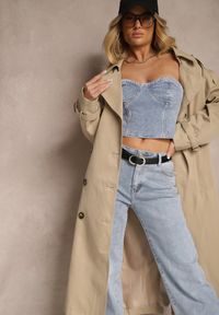 Renee - Beżowy Oversizowy Płaszcz Trencz o Dwurzędowym Kroju z Paskiem Darinella. Okazja: na co dzień. Kolor: beżowy. Materiał: jeans. Styl: casual, elegancki #3