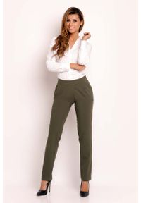 Lou-Lou - Oliwkowe Eleganckie Proste Spodnie na Pasku. Kolor: oliwkowy. Materiał: elastan, poliester, wiskoza. Styl: elegancki