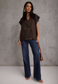 Renee - Brązowa Dwurzędowa Kamizelka Oversize o Garniturowym Kroju Edoriela. Kolor: brązowy. Materiał: poliester, koronka #8