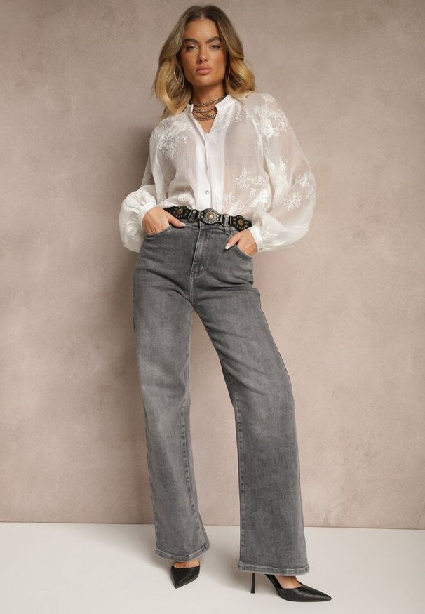 Renee - Szare Jeansy High Waist o Szerokim Kroju Sesinia. Okazja: na co dzień. Stan: podwyższony. Kolor: szary. Długość: długie. Styl: elegancki, casual