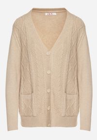 Born2be - Jasnobeżowy Kardigan z Bawełną Zdobiony Warkoczowym Splotem i Kieszeniami Mevesava. Okazja: na co dzień. Typ kołnierza: dekolt w serek. Kolor: beżowy. Materiał: bawełna. Wzór: aplikacja, ze splotem. Sezon: zima, jesień. Styl: casual, klasyczny #5