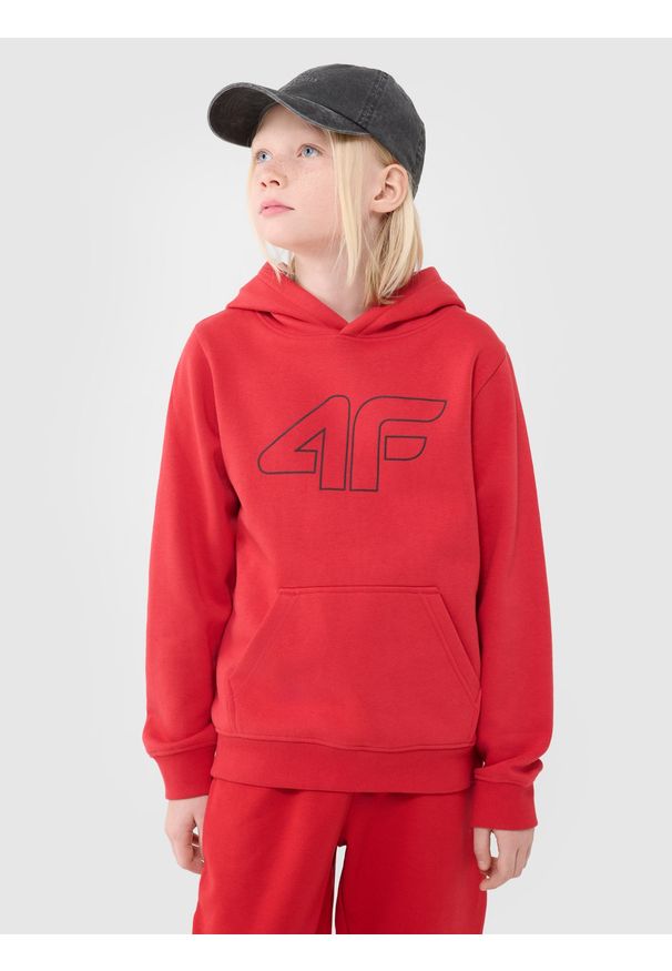 4f - 4F Bluza dresowa nierozpinana z kapturem chłopięca - czerwona 158 (12-13 lat). Okazja: na co dzień. Typ kołnierza: kaptur. Kolor: czerwony. Materiał: dresówka. Wzór: ze splotem, nadruk, gładki. Sezon: lato. Styl: sportowy, casual