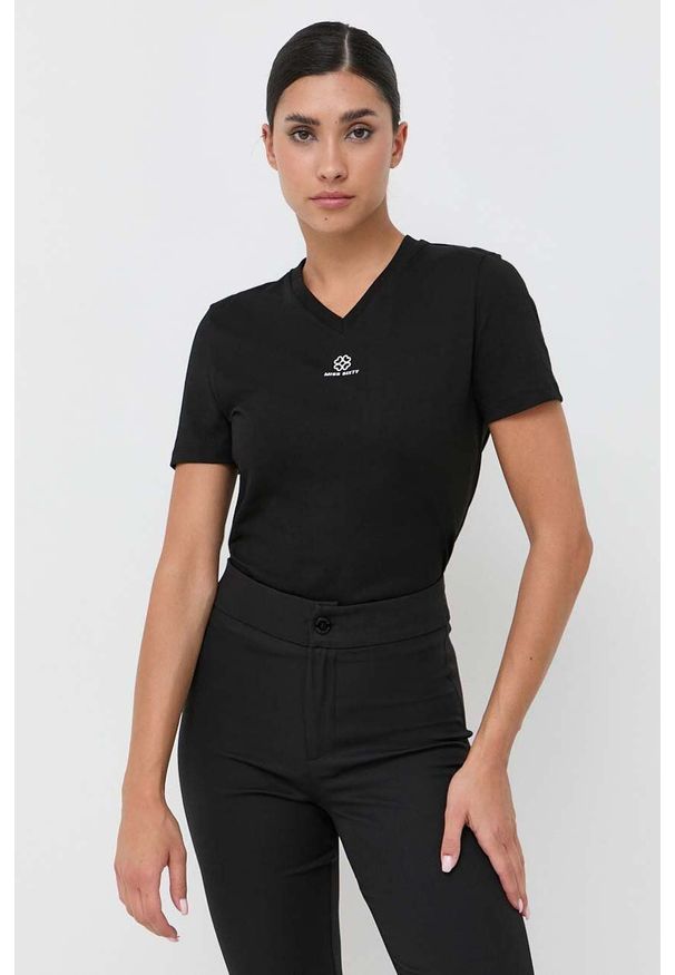 Miss Sixty t-shirt z domieszką jedwabiu kolor czarny. Kolor: czarny. Materiał: jedwab. Długość rękawa: krótki rękaw. Długość: krótkie