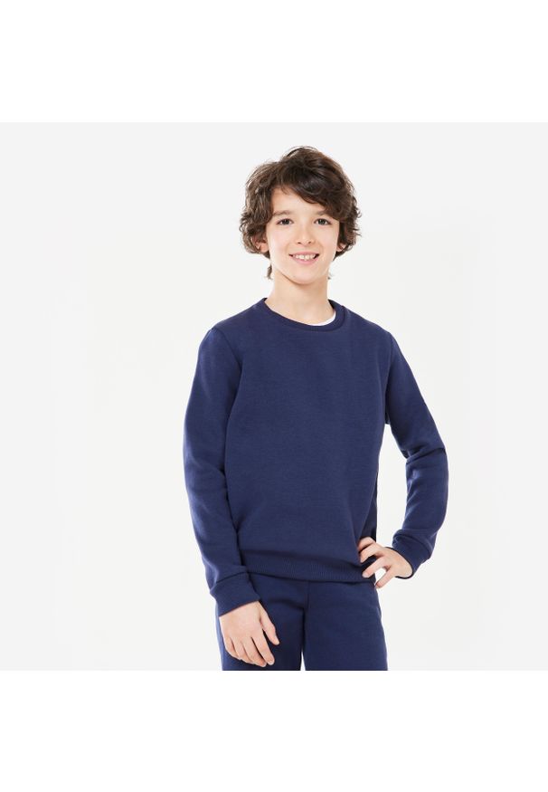 DOMYOS - Bluza dziecięca Domyos. Typ kołnierza: bez kaptura. Kolekcja: plus size. Kolor: niebieski. Materiał: bawełna, materiał, poliester, elastan. Sport: fitness
