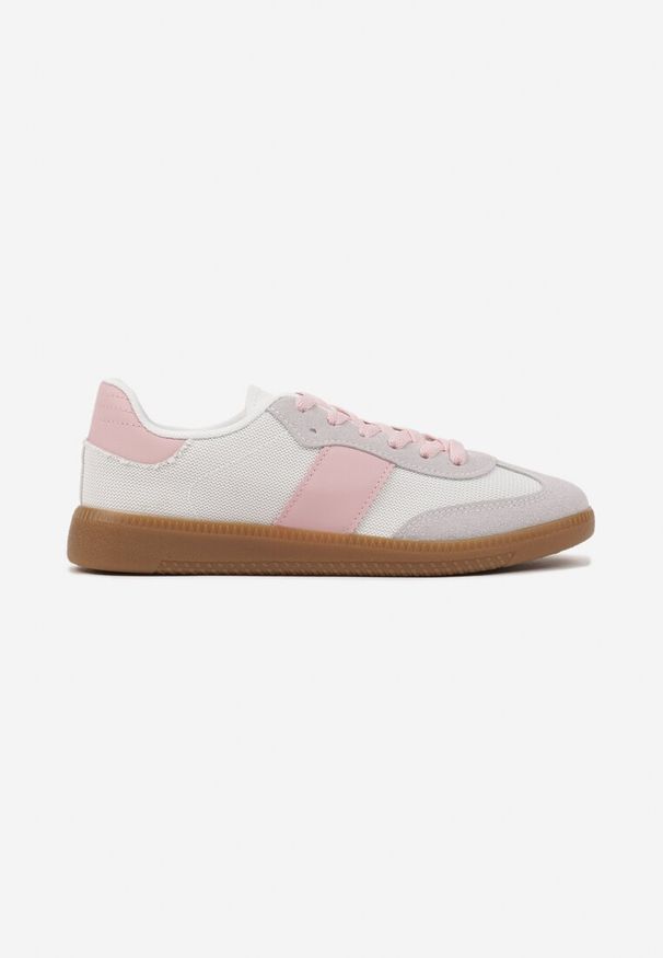 Born2be - Biało-Różowe Sneakersy Retro w Stylu Klasycznych Tenisówek Tanonea. Okazja: na co dzień. Zapięcie: sznurówki. Kolor: biały. Materiał: jeans
