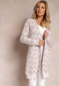 Renee - Fioletowy Niezapinany Kardigan o Przedłużonym Fasonie w Zygzaki Chevron Oherna. Kolor: fioletowy. Materiał: tkanina. Długość: długie. Wzór: paski