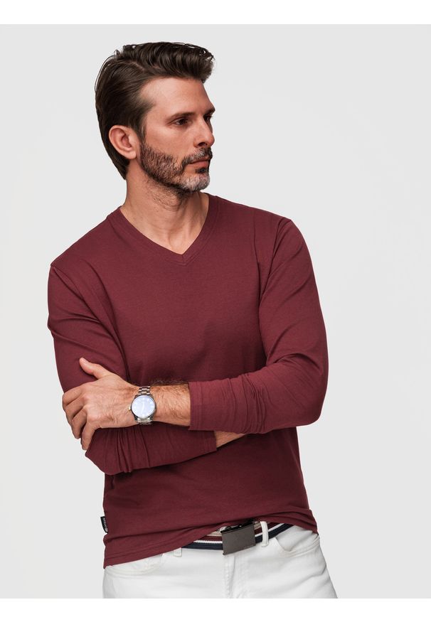 Ombre Clothing - Męski longsleeve bez nadruku z dekoltem w serek - bordowy V8 - Rozmiar: L. Okazja: na co dzień. Typ kołnierza: dekolt w serek. Kolor: czerwony. Materiał: materiał, bawełna. Długość rękawa: długi rękaw. Długość: długie. Wzór: jednolity, gładki. Styl: elegancki, klasyczny, casual
