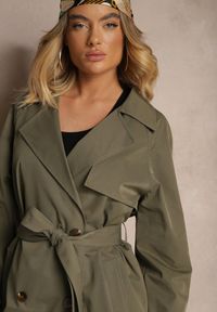 Renee - Zielony Dwurzędowy Płaszcz Trencz z Paskiem Ninnolia. Okazja: do pracy, na spacer. Kolor: zielony. Materiał: jeans. Wzór: aplikacja. Styl: klasyczny, elegancki #5