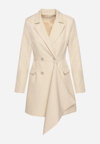 Born2be - Jasnobeżowa Taliowana Sukienka o Kroju Marynarki z Mini Trenem Besista. Kolor: beżowy. Długość rękawa: długi rękaw. Wzór: aplikacja. Styl: klasyczny, elegancki. Długość: mini #2