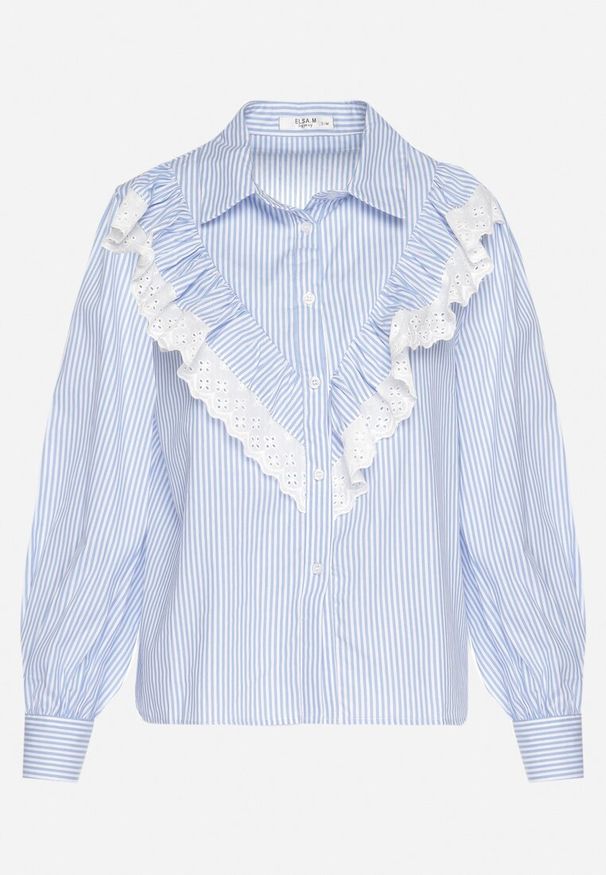 Born2be - Niebieska Bawełniana Koszula w Paski z Ozdobnym Dekoltem z Falbanką Paleriella. Okazja: na co dzień. Kolor: niebieski. Materiał: bawełna. Długość rękawa: długi rękaw. Długość: długie. Wzór: paski. Styl: casual, klasyczny, elegancki