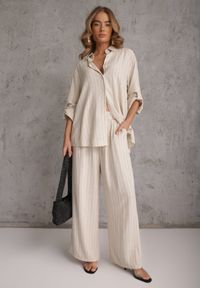 Renee - Jasnobeżowy Komplet z Wiskozy i Lnu w Delikatne Prążki Koszula i Spodnie Wide Leg Cliffesa. Kolor: beżowy. Materiał: wiskoza, len. Wzór: prążki #2