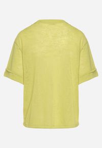 Born2be - Jasnozielony T-shirt Koszulka z Krótkim Rękawem z Brokatowym Akcentem przy Dekolcie Glarena. Okazja: na co dzień. Kolor: zielony. Materiał: jeans. Długość rękawa: krótki rękaw. Długość: krótkie. Wzór: aplikacja. Styl: casual, klasyczny, elegancki