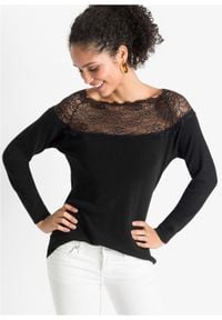 Sweter z koronką w dekolcie bonprix czarny. Kolor: czarny. Materiał: koronka. Wzór: koronka #4