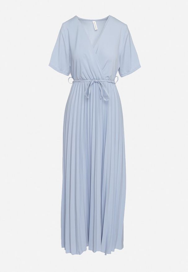 Born2be - Niebieska Sukienka Plisowana Maxi z Wiązanym Paskiem Dianiza. Kolor: niebieski. Materiał: materiał. Długość: maxi
