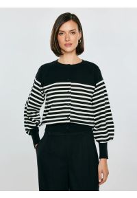 Big-Star - Kardigan damski z wiskozy w białe paski czarny Suzana 906. Okazja: na co dzień. Kolor: czarny. Materiał: wiskoza. Długość rękawa: krótki rękaw. Wzór: paski. Styl: casual, klasyczny #1