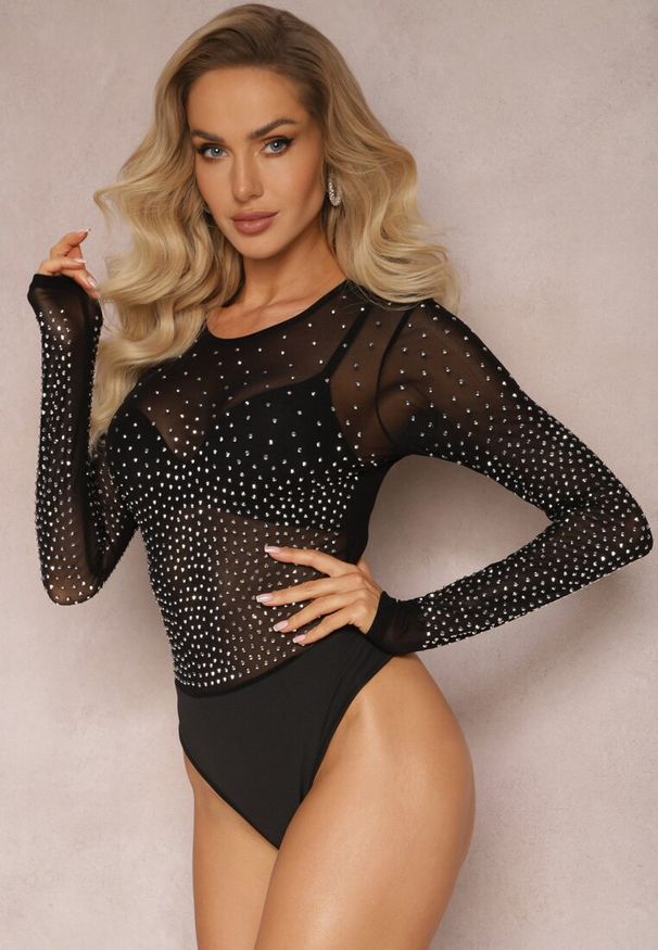 Renee - Czarno-Srebrne Siateczkowe Body z Cekinami i Okrągłym Dekoltem Awromma. Kolor: czarny