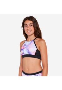 Góra kostiumu kąpielowego surfingowego dla dzieci Decathlon 900 Baha. Kolor: fioletowy, wielokolorowy, różowy. Rodzaj stanika: wyciągane miseczki #1