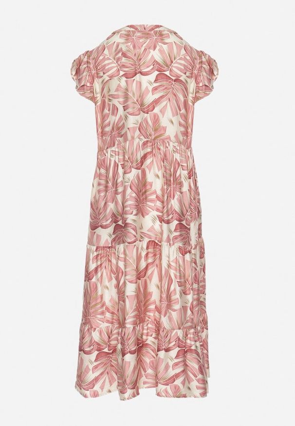 Born2be - Ciemnoróżowa Sukienka z Wiskozą o Rozkloszowanym Kroju z Falbankami w Roślinny Wzór Amoira. Okazja: na co dzień. Typ kołnierza: kołnierz z falbankami. Kolor: różowy. Materiał: wiskoza. Długość rękawa: krótki rękaw. Styl: casual, elegancki