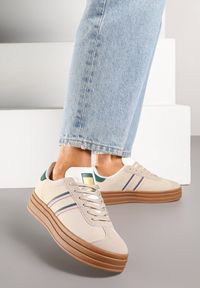 Born2be - Beżowo-Zielone Sneakersy na Platformie z Minimalistycznymi Przeszyciami Teritha. Nosek buta: okrągły. Zapięcie: sznurówki. Kolor: beżowy. Materiał: syntetyk, nubuk. Obcas: na platformie. Wysokość obcasa: niski