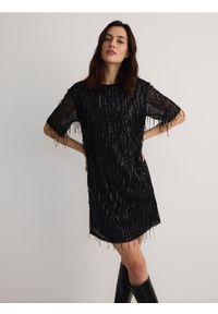 Reserved - Cekinowa sukienka mini - czarny. Kolor: czarny. Materiał: dzianina. Długość: mini #1