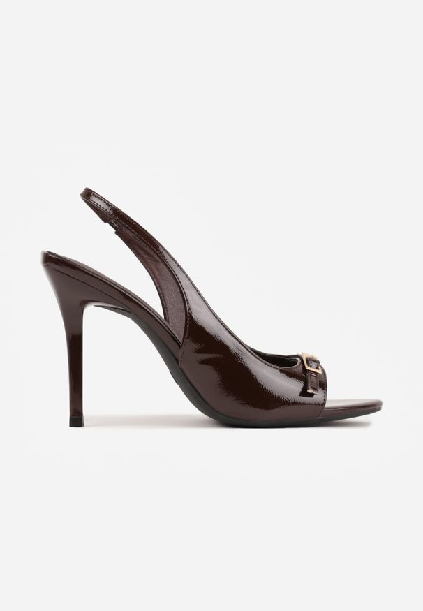 Renee - Brązowe Sandały Lakierowane VICES na Szpilce Slingback z Metaliczną Klamrą Harmonia. Zapięcie: klamry. Kolor: brązowy. Materiał: lakier. Obcas: na szpilce. Styl: glamour, elegancki