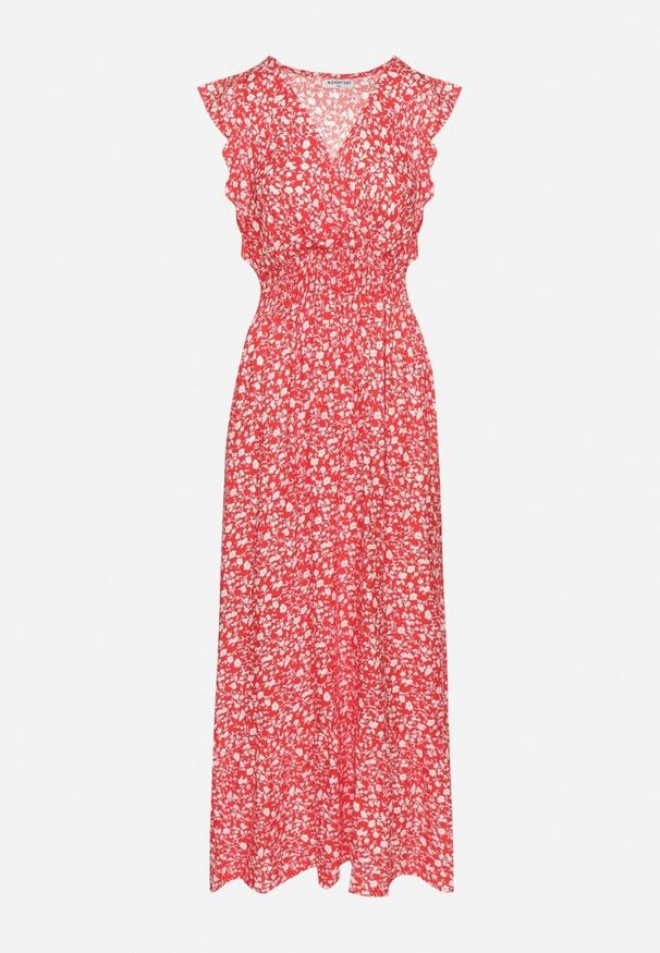 Born2be - Czerwona Sukienka o Rozkloszowanym Kroju z Falbankami w Kwiatowy Wzór Aravisse. Okazja: na co dzień. Typ kołnierza: kołnierz z falbankami. Kolor: czerwony. Wzór: kwiaty. Styl: casual, elegancki