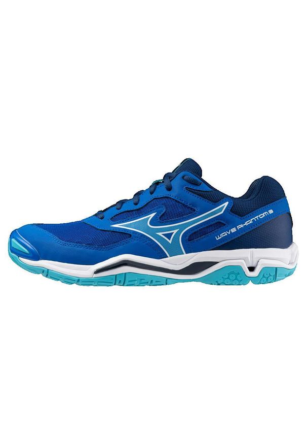 Buty halowe Mizuno Wave Phantom. Zapięcie: sznurówki. Kolor: biały, wielokolorowy, niebieski. Materiał: materiał, syntetyk, tkanina. Szerokość cholewki: normalna. Model: Mizuno Wave