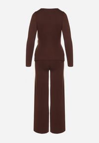 Born2be - Brązowy Komplet z Wiskozą Kopertowy Sweter z Broszką i Szerokie Spodnie Esnna. Kolor: brązowy. Materiał: wiskoza #5