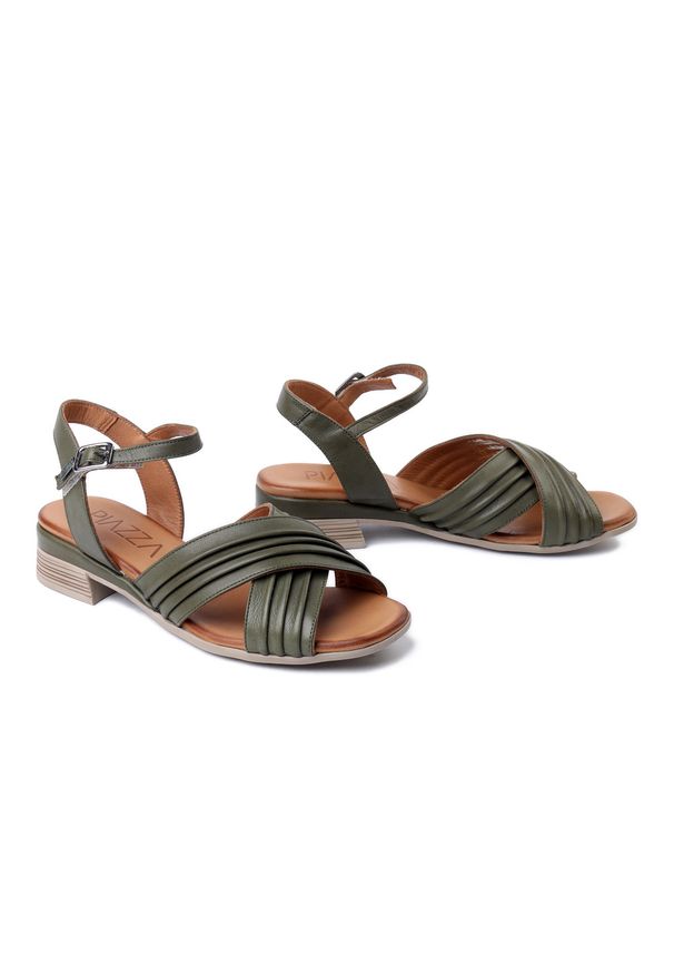 Piazza - PIAZZA 910318-07 grun, sandały damskie. Zapięcie: rzepy. Kolor: zielony. Materiał: skóra. Obcas: na obcasie. Wysokość obcasa: średni