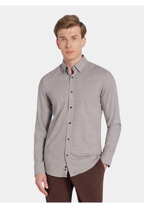 Pako Lorente - PAKO LORENTE - Brązowa koszula w drobną kratę. Kolor: niebieski, brązowy. Materiał: poliester, wiskoza, elastan. Długość rękawa: długi rękaw. Długość: długie. Sezon: jesień