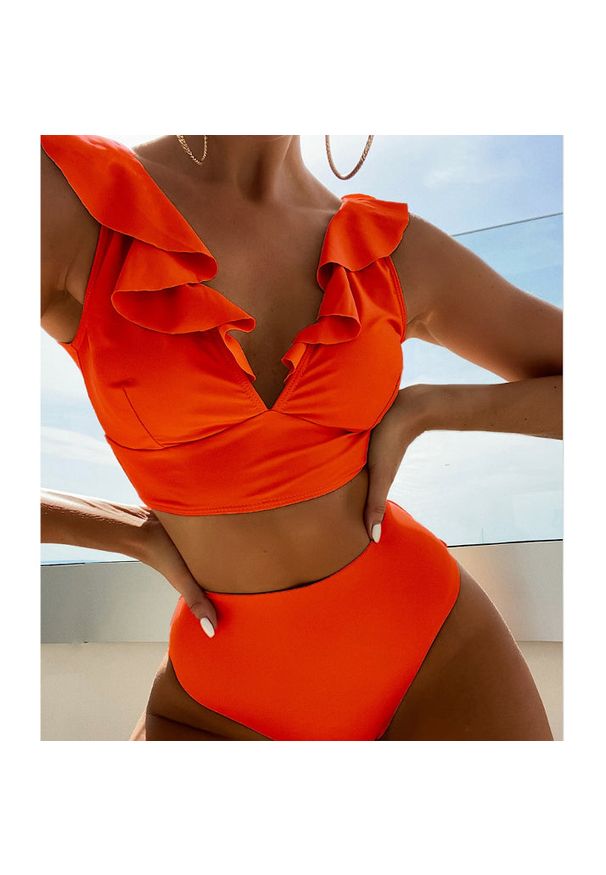 Intica - Dwuczęściowy strój kąpielowy z falbankami i wysoką talią Iolanthe. Kolor: pomarańczowy. Materiał: materiał