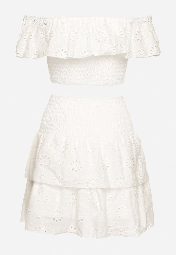 Born2be - Biały 2-Częściowy Komplet Bawełniany Ażurowy Top w Stylu Hiszpanki Spódnica z Gumką Lavima. Kolor: biały. Materiał: bawełna. Wzór: ażurowy