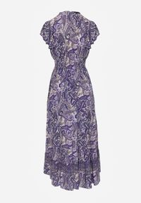 Renee - Granatowa Bawełniana Sukienka Paisley z Kopertowym Dekoltem z Falbaną i Gumką w Talii Brionea. Okazja: na co dzień. Typ kołnierza: dekolt kopertowy. Kolor: niebieski. Materiał: bawełna. Długość rękawa: krótki rękaw. Wzór: paisley. Typ sukienki: kopertowe. Styl: casual, elegancki #2