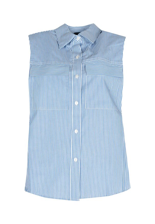 Pinko Koszula "Attutire" | 1V10LW Y7ND | Zeppole Camicia | Kobieta | Biały, Niebieski. Okazja: na co dzień. Kolor: biały, wielokolorowy, niebieski. Materiał: bawełna. Długość rękawa: bez rękawów. Wzór: paski. Styl: casual