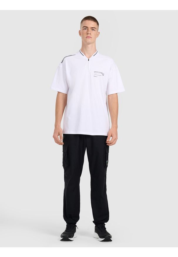 4f - 4F Koszulka polo oversize męska - biała L. Okazja: na co dzień. Typ kołnierza: polo. Kolor: biały. Materiał: materiał. Styl: sportowy, casual