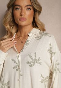 Renee - Biała Koszula z Wiskozy z Lnem w Liściasty Wzór Tatheia. Okazja: na co dzień. Kolor: biały. Materiał: len, wiskoza. Styl: casual