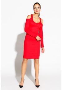 Dursi - Czerwona Ołówkowa Sukienka z Wyciętymi Ramionami. Kolor: czerwony. Materiał: elastan, wiskoza, poliamid. Typ sukienki: ołówkowe #1