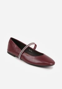 Renee - Bordowe Balerinki w Stylu Mary Jane z Paskiem z Cyrkoniami Cireris. Okazja: na imprezę. Zapięcie: pasek. Kolor: czerwony. Materiał: jeans. Styl: elegancki, klasyczny #3