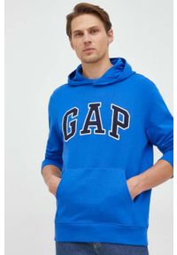 GAP bluza bawełniana męska kolor niebieski z kapturem z aplikacją. Typ kołnierza: kaptur. Kolor: niebieski. Materiał: bawełna. Wzór: aplikacja