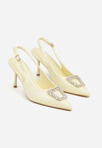 Renee - Żółte Sandały na Szpilce Ozdobione Aplikacją z Cyrkoniami Isleheart. Zapięcie: sprzączka. Kolor: żółty. Materiał: jeans. Wzór: aplikacja. Obcas: na szpilce. Styl: elegancki #7