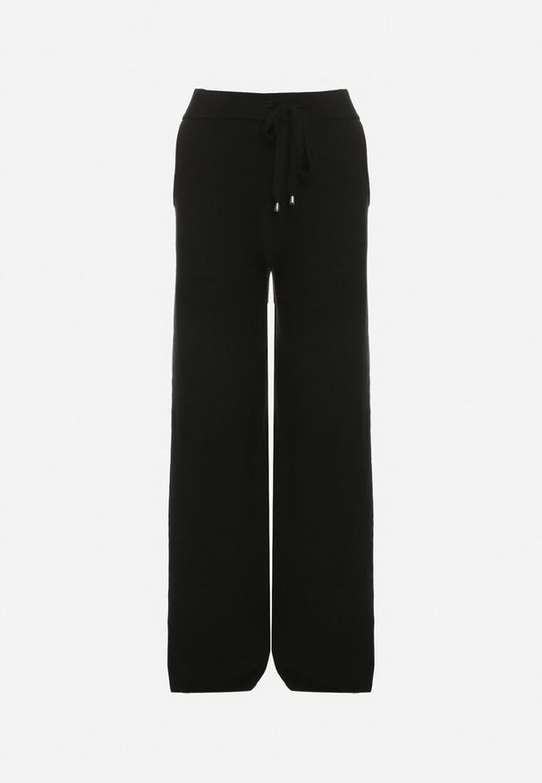 Born2be - Czarne Dzianinowe Spodnie o Szerokim Kroju ze Sznurkami Melatusa. Okazja: na co dzień. Stan: podwyższony. Kolor: czarny. Materiał: dzianina. Styl: klasyczny, casual, elegancki