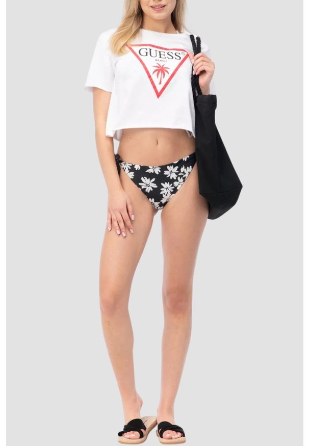 Guess - GUESS Biały damski krótki t-shirt z logo na krótki rękaw Logo Crop, Rozmiar L. Okazja: na co dzień. Kolor: biały. Długość rękawa: krótki rękaw. Długość: krótkie. Styl: casual