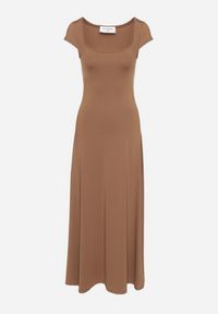 Born2be - Brązowa Sukienka z Wiskozą o Rozkloszowanym Kroju z Kwadratowym Dekoltem Nalireina. Okazja: na co dzień. Typ kołnierza: dekolt kwadratowy. Kolor: brązowy. Materiał: wiskoza. Typ sukienki: rozkloszowane, proste. Styl: klasyczny, casual #7