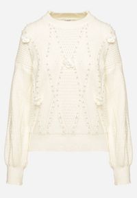 Born2be - Jasnobeżowy Sweter z Bawełną Perłami i Kwiatami 3D Noraviela. Okazja: na co dzień, na spacer. Kolor: beżowy. Materiał: bawełna. Wzór: kwiaty. Styl: casual, elegancki #4