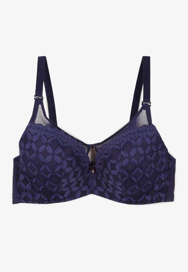 Renee - Granatowy Biustonosz o Kroju Full Cup Push-Up Zdobiony Geometrycznym Wzorem Zoliri. Kolor: niebieski. Materiał: bawełna. Rodzaj stanika: push-up. Wzór: aplikacja, geometria